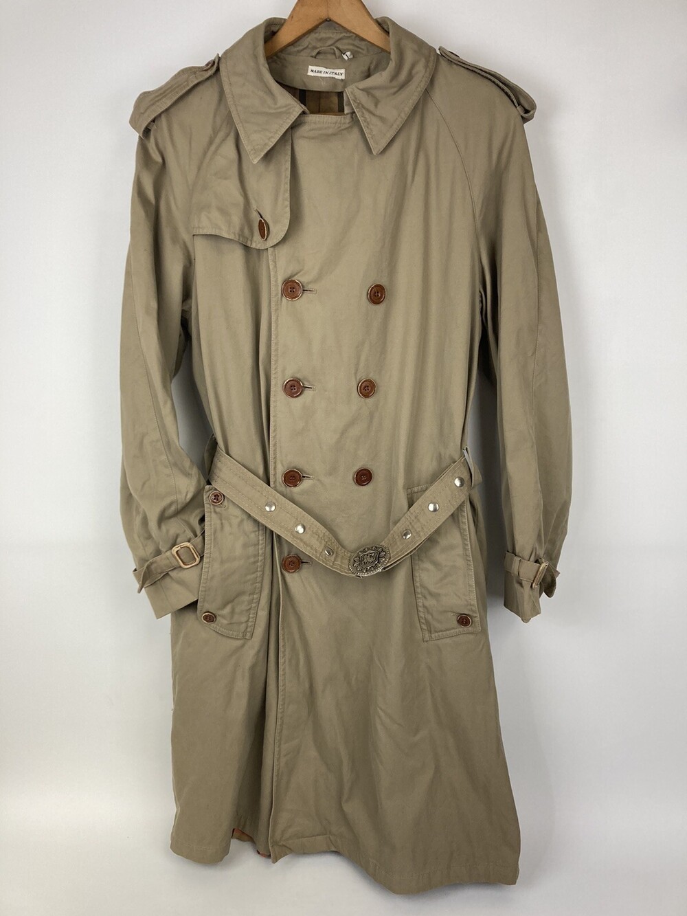 VTG Mens Sz 40 L Italian Khaki Tan Brown Belted Trench Rain Coat Metal Buckle